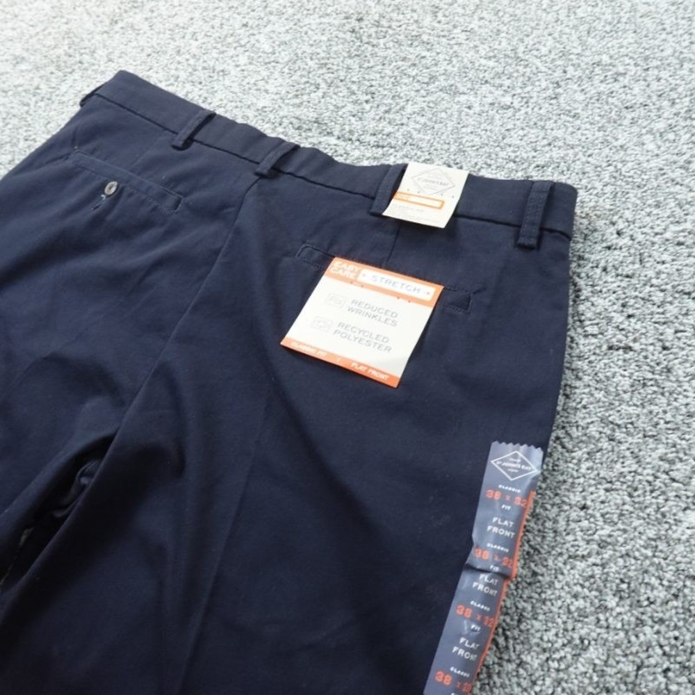 NEW St Johns Bay Pants Mens 38X32 Navy Blue Chino Trouser‎ Flat Front Stretch